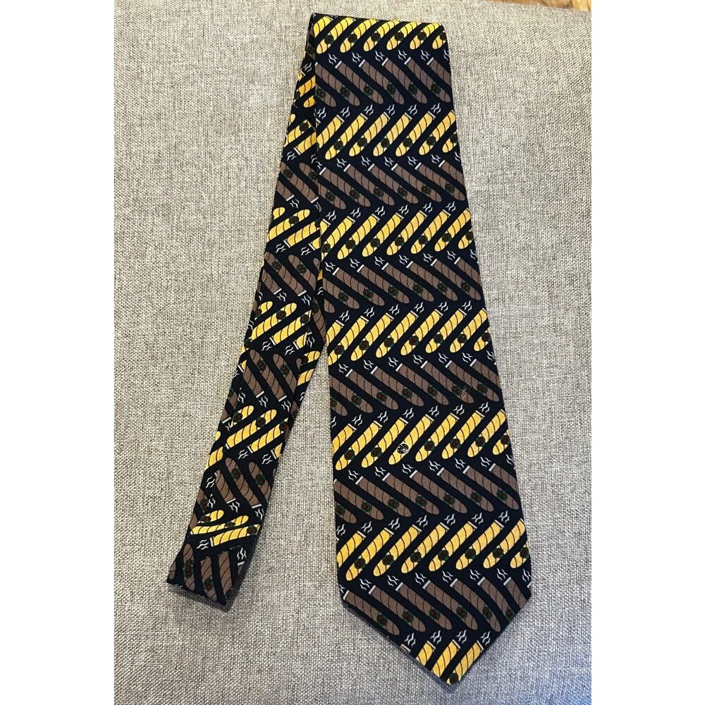 Vicky Davis Light Up Cigar Navy Blue 100% Silk Yellow Brown 4" Tie Neck